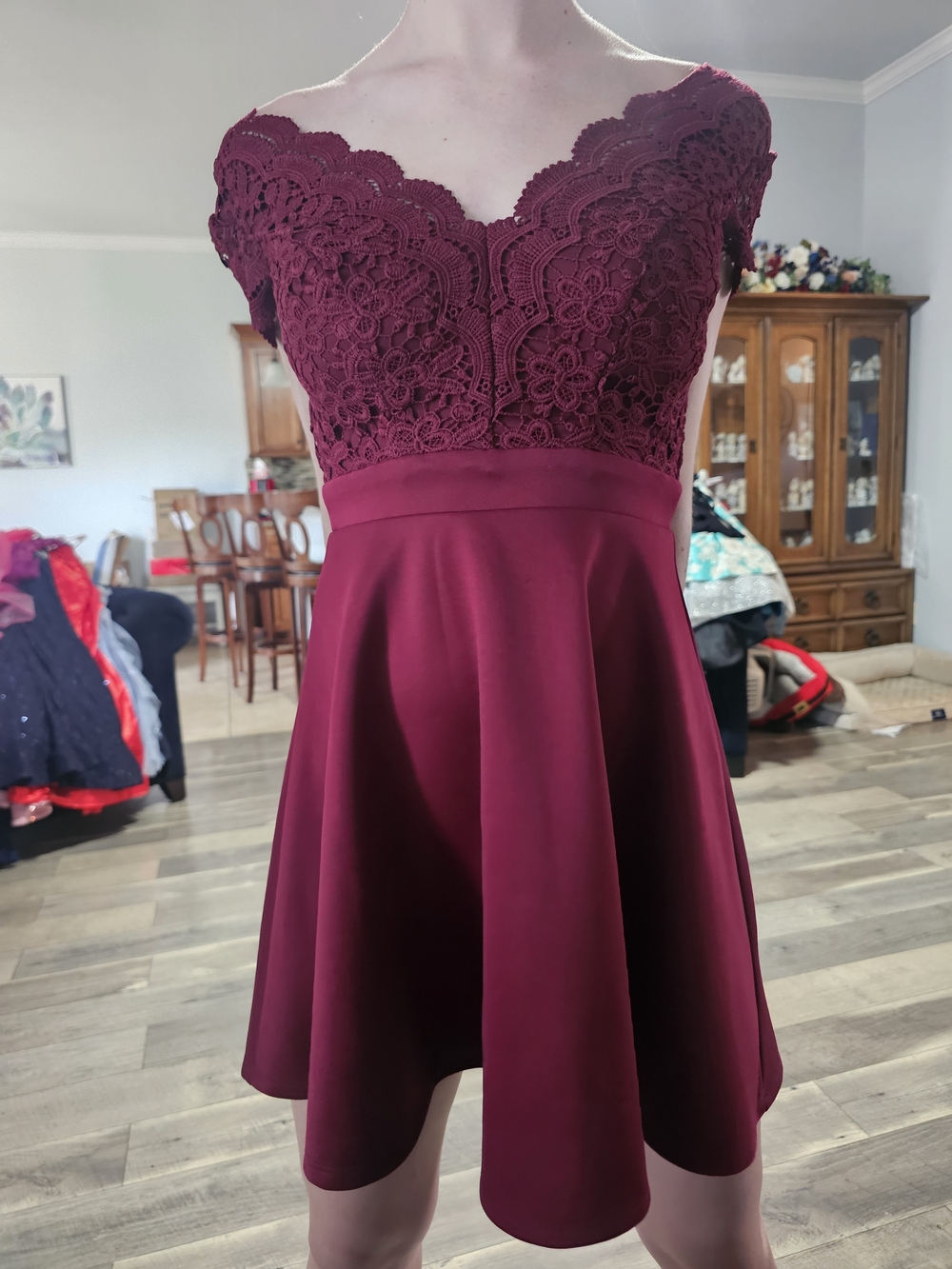 B Darlin Burgundy Lace Off-Shoulder Mini Dress